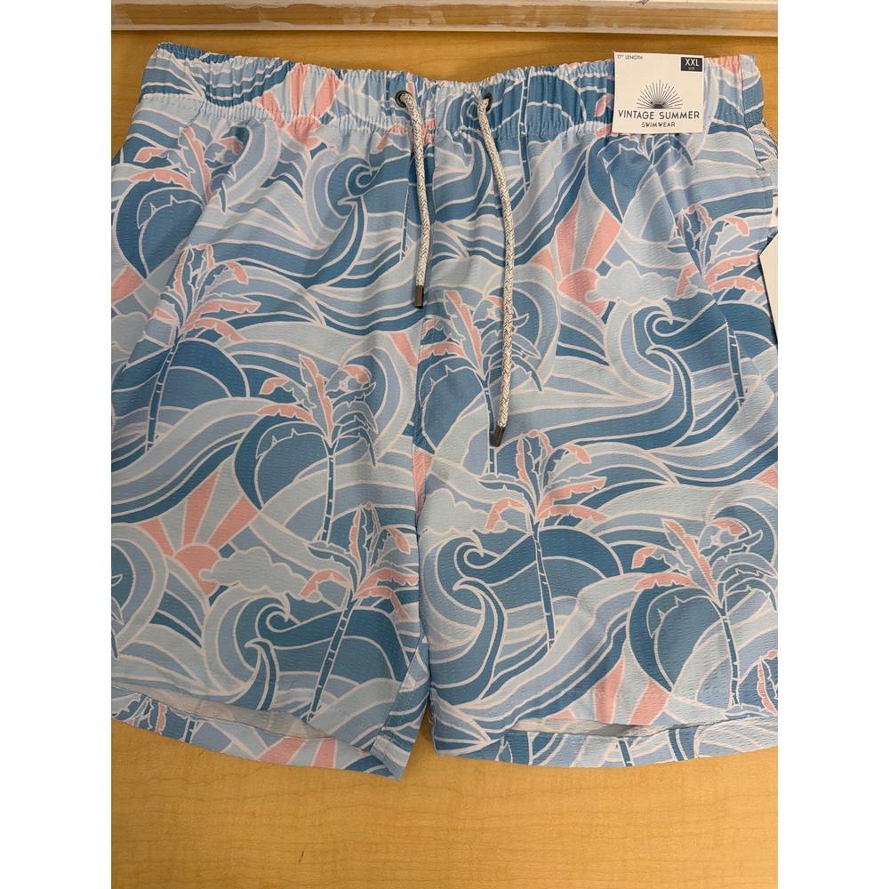 Vintage Summer Mens Blue Pink Tropical Wave Print Swim Trunks XXL 17 Inch Length